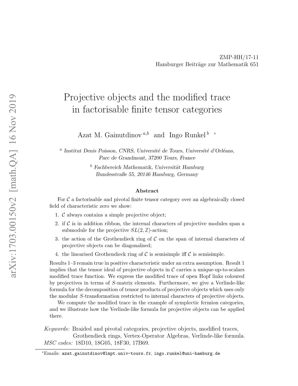 Projective Objects and the Modified Trace in Factorisable Finite Tensor