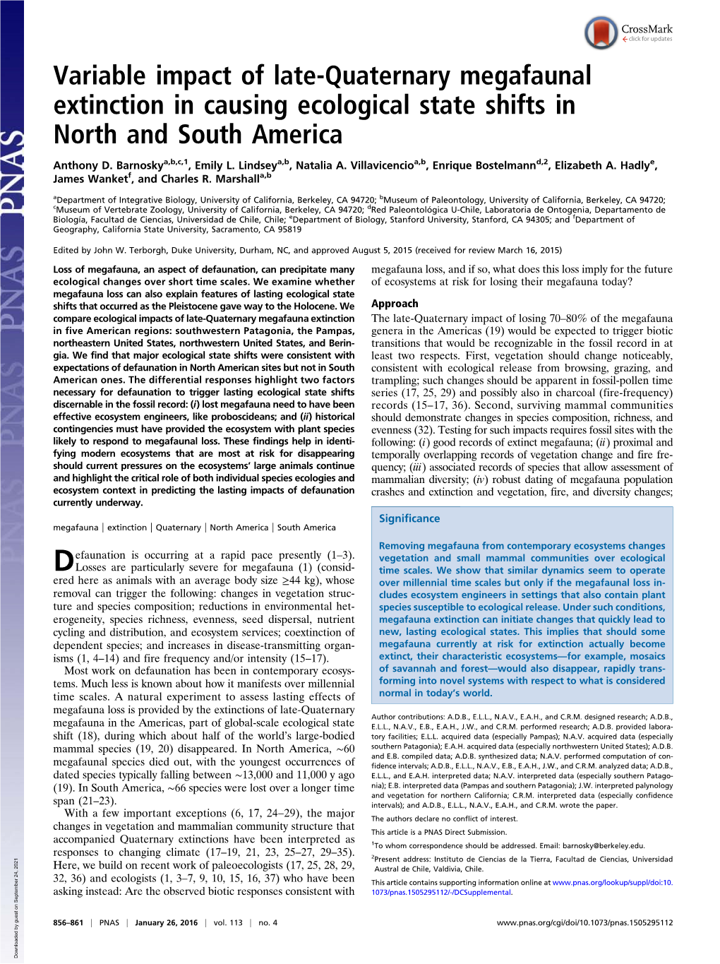 Variable Impact of Late-Quaternary Megafaunal Extinction in Causing Ecological State Shifts in North and South America