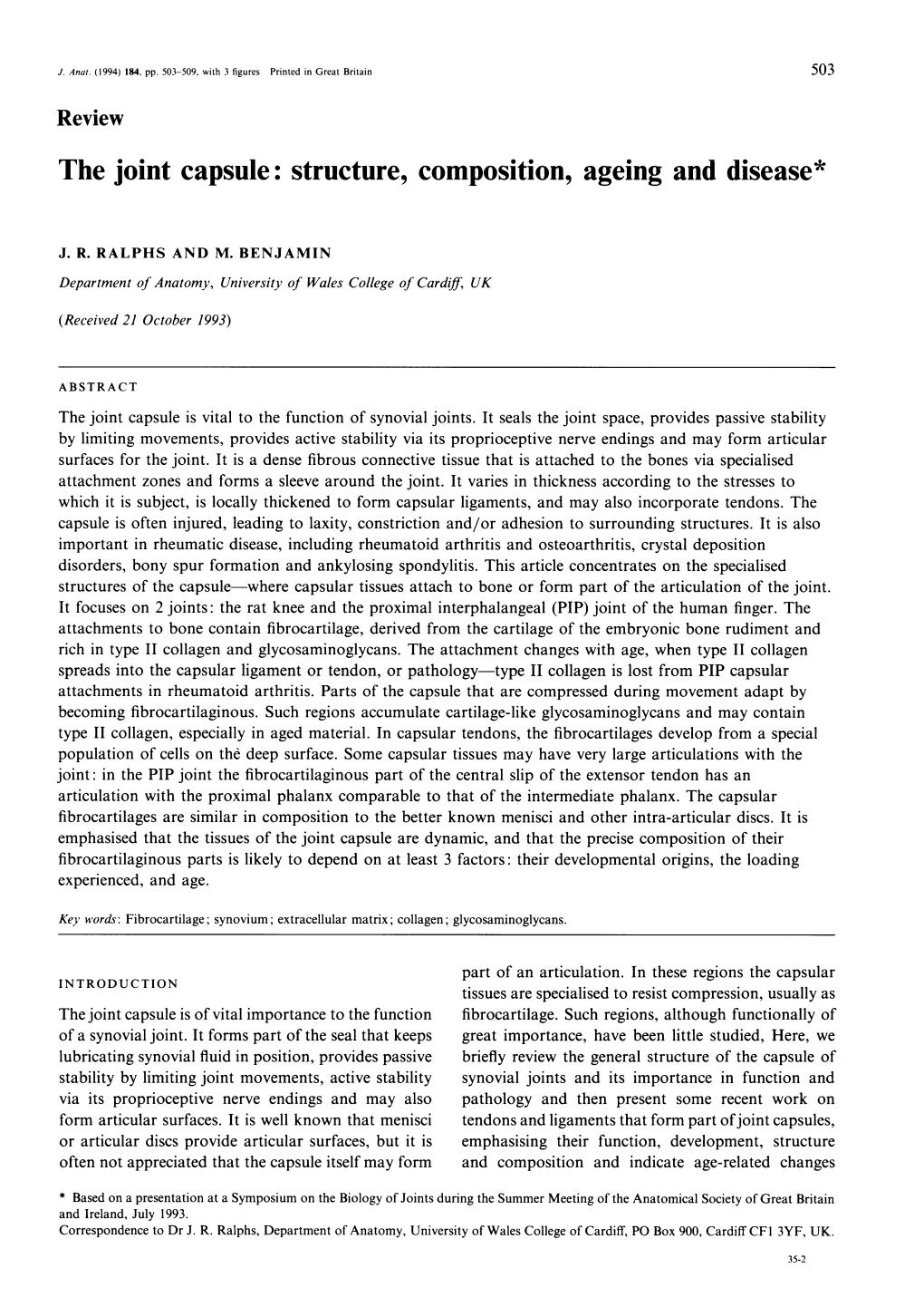 The Joint Capsule: Structure, Composition, Ageing and Disease*