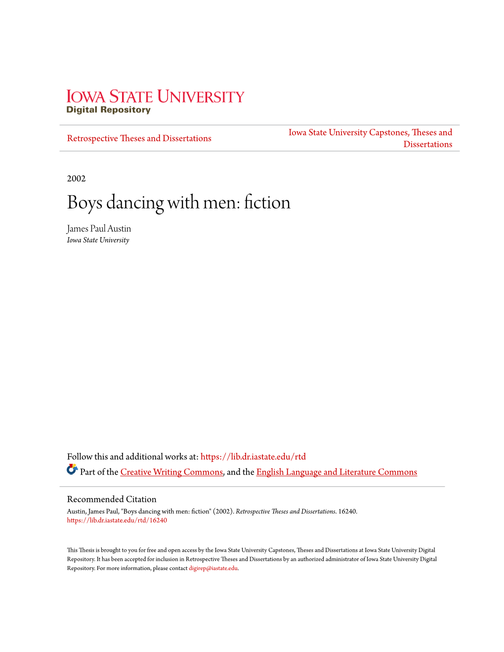 Boys Dancing with Men: Fiction James Paul Austin Iowa State University