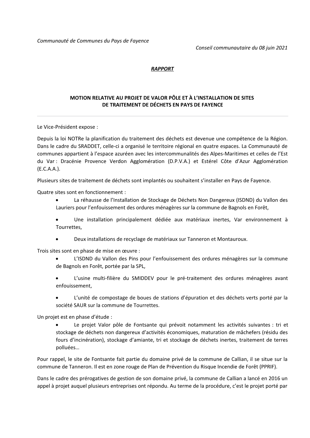 Communauté De Communes Du Pays De Fayence Conseil Communautaire Du 08 Juin 2021