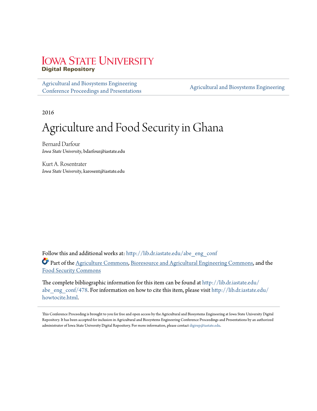 Agriculture and Food Security in Ghana Bernard Darfour Iowa State University, Bdarfour@Iastate.Edu