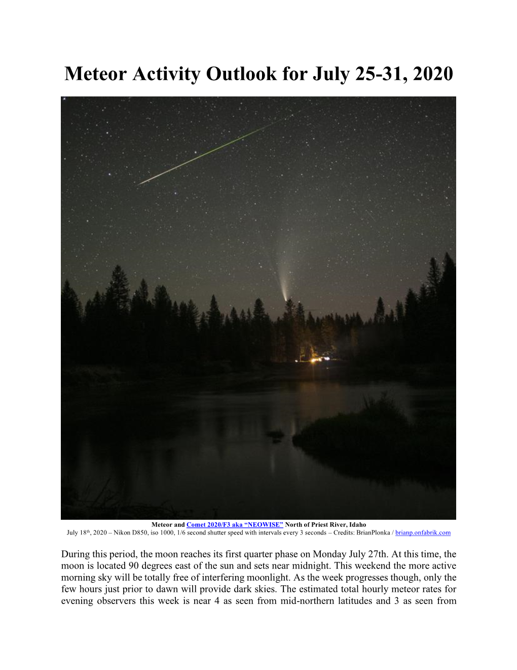Meteor Activity Outlook for July 25-31, 2020