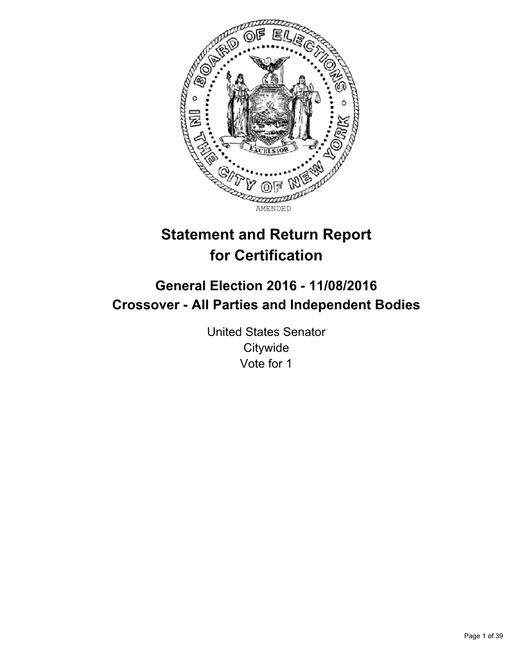 Statement and Return Report for Certification General Election 2016