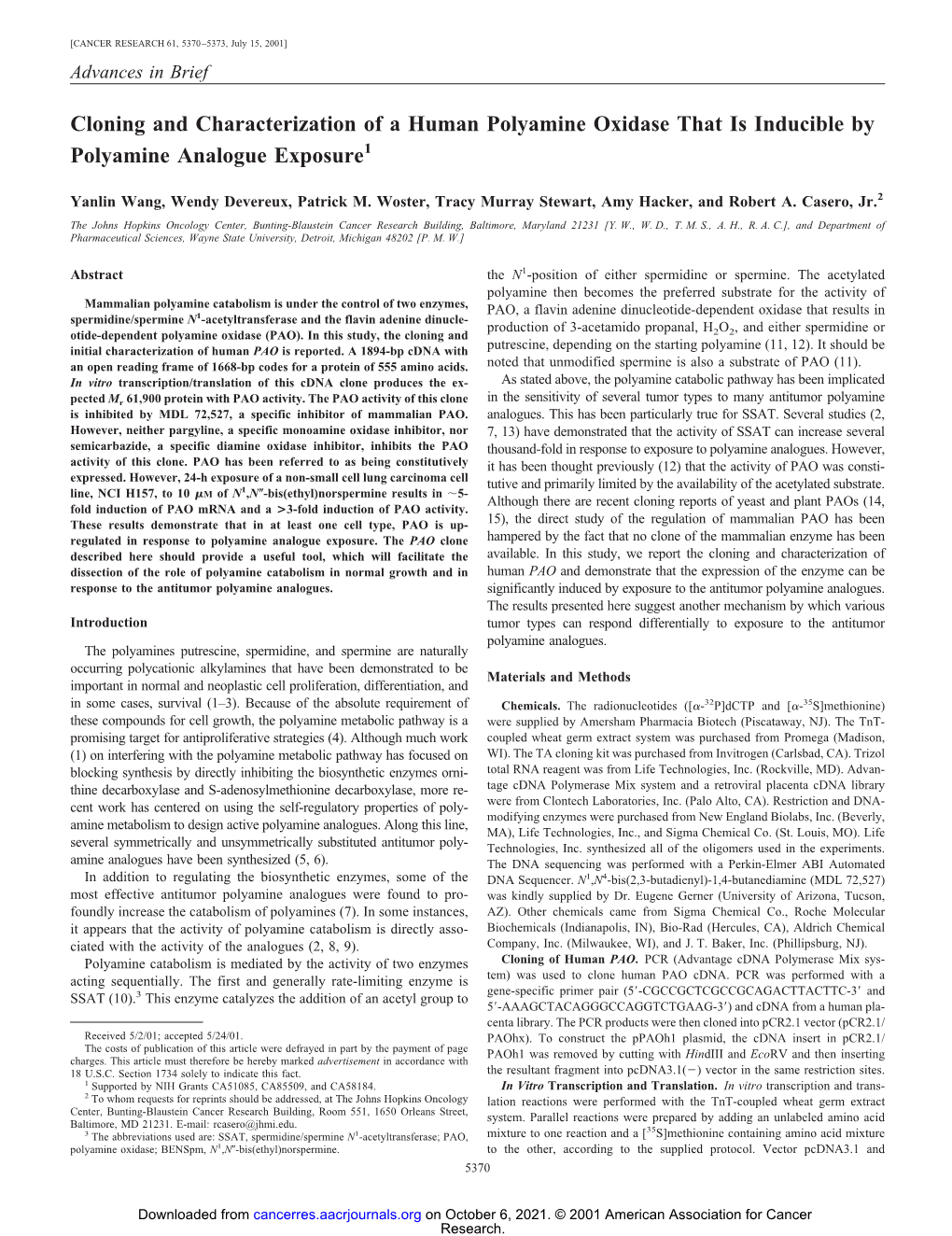 Cloning and Characterization of a Human Polyamine Oxidase That Is Inducible by Polyamine Analogue Exposure1