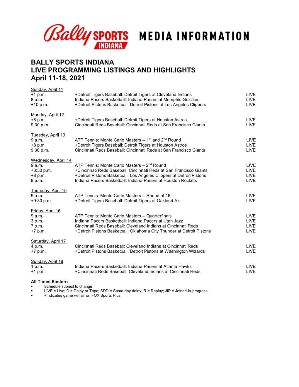 BALLY SPORTS INDIANA LIVE PROGRAMMING LISTINGS and HIGHLIGHTS April 11-18, 2021