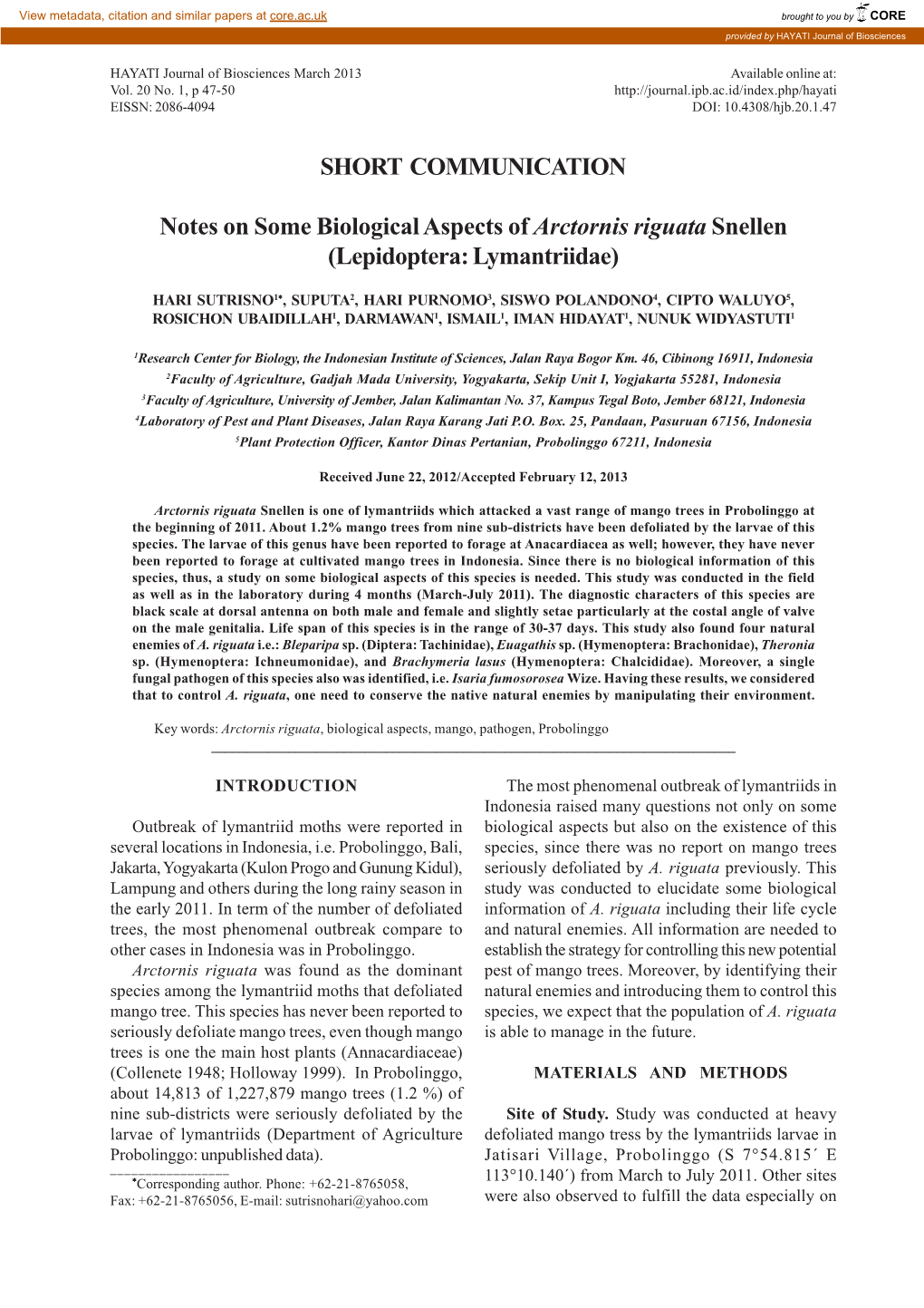 SHORT COMMUNICATION Notes on Some Biological Aspects Of