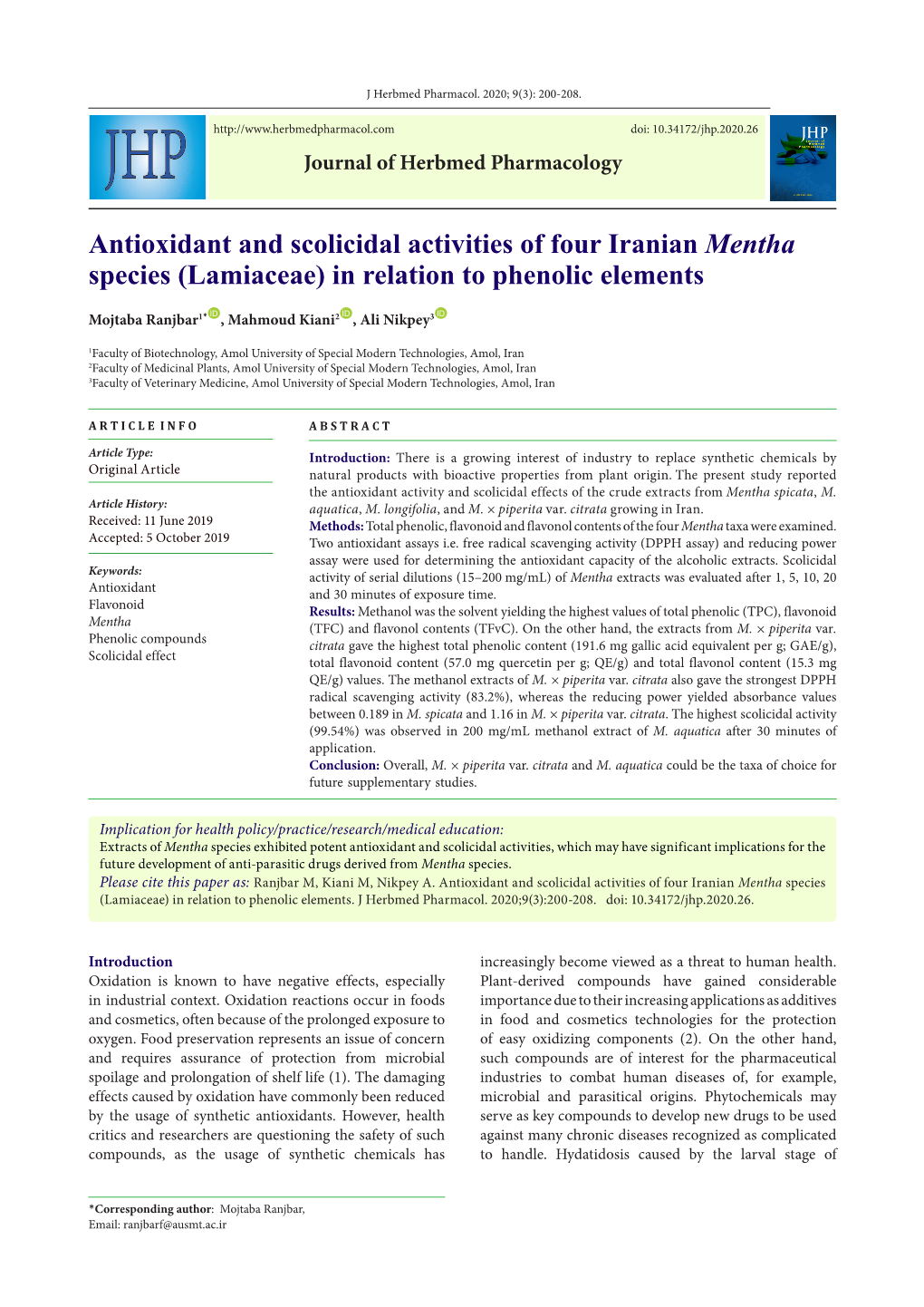 Antioxidant and Scolicidal Activities of Four Iranian Mentha Species (Lamiaceae) in Relation to Phenolic Elements