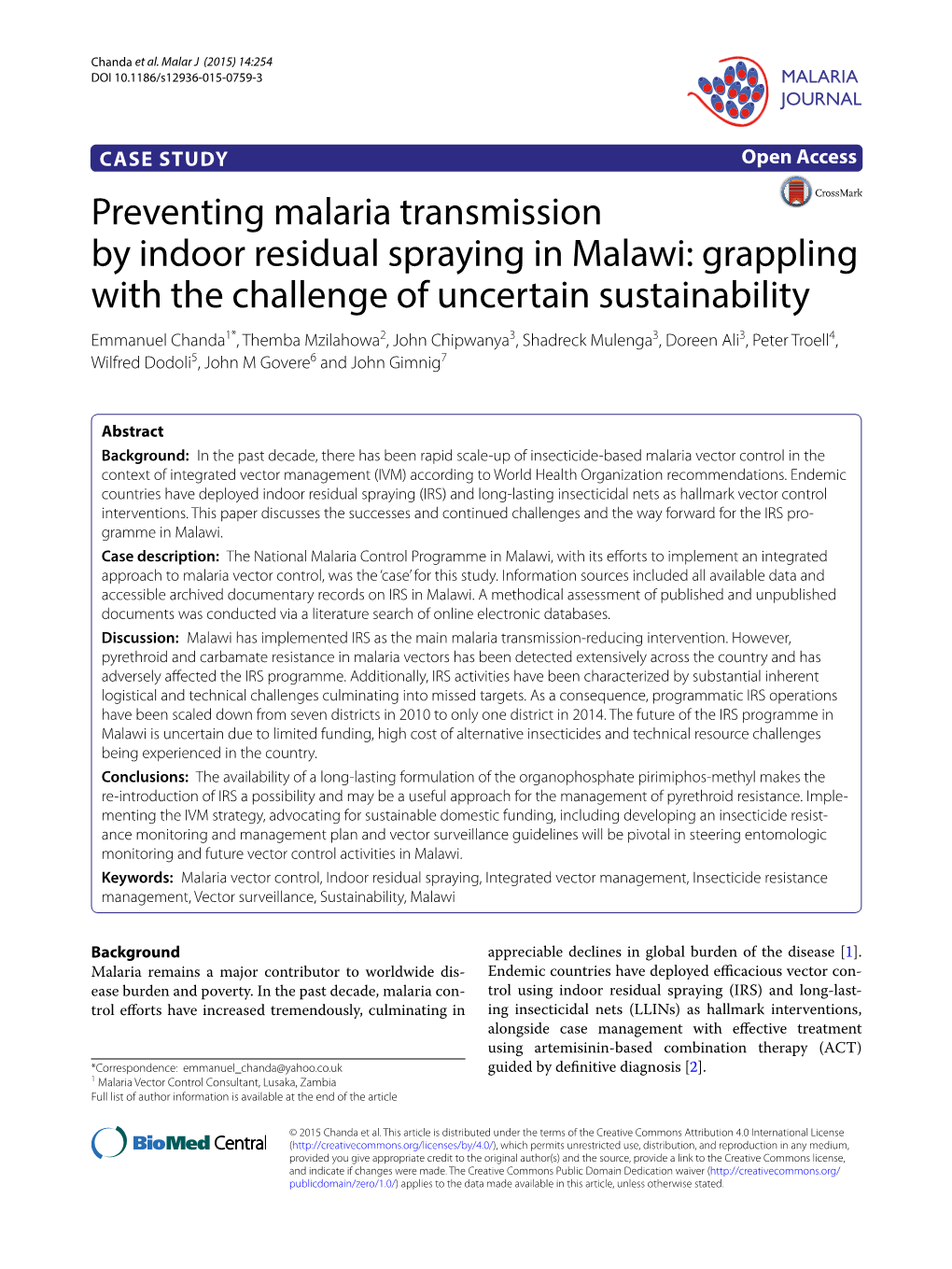 Preventing Malaria Transmission by Indoor Residual