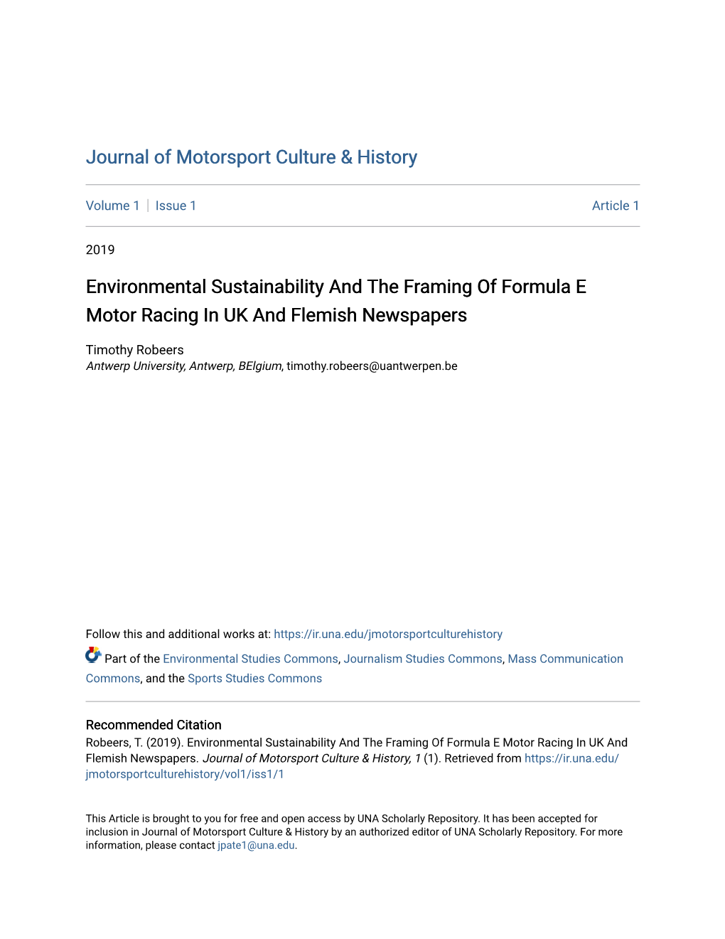 Environmental Sustainability and the Framing of Formula E Motor Racing in UK and Flemish Newspapers