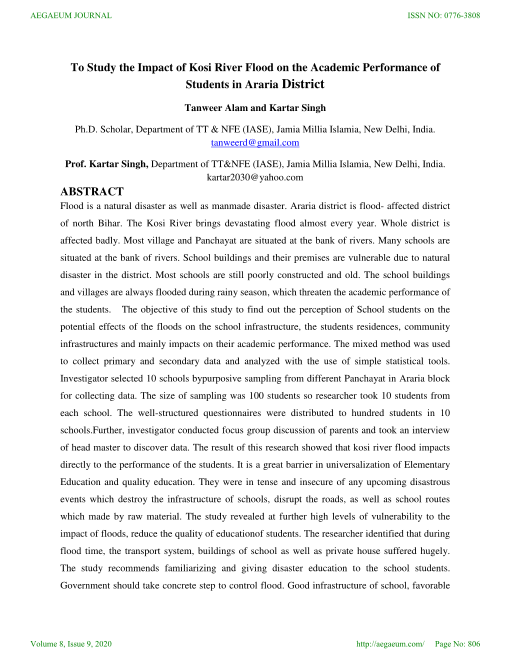 To Study the Impact of Kosi River Flood on the Academic Performance of Students in Araria District