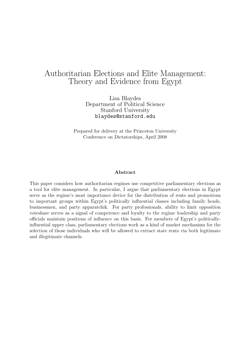 Authoritarian Elections and Elite Management: Theory and Evidence from Egypt