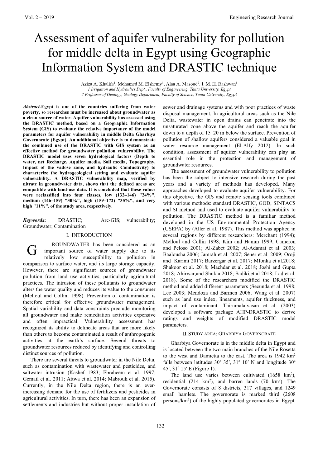 Assessment of Aquifer Vulnerability for Pollution for Middle Delta in Egypt Using Geographic Information System and DRASTIC Technique