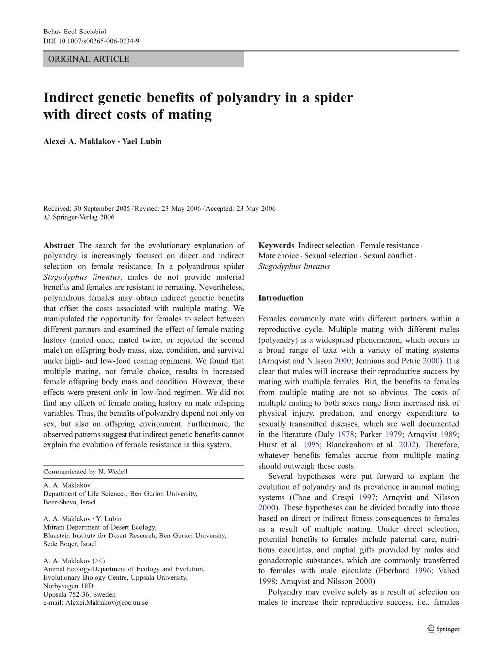 Indirect Genetic Benefits of Polyandry in a Spider with Direct Costs of Mating