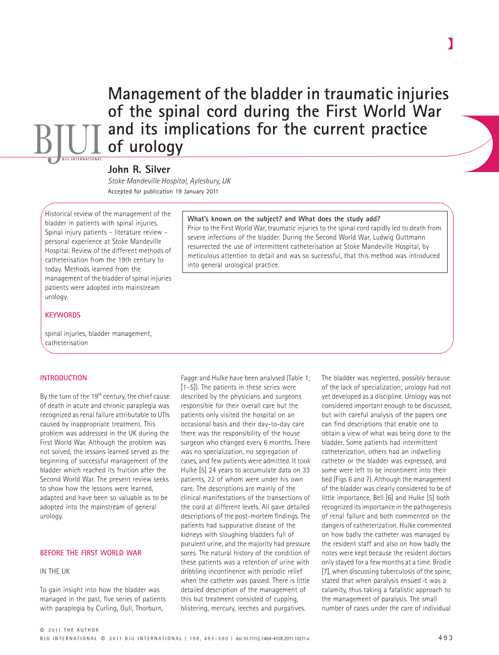 Management of the Bladder in Traumatic Injuries of the Spinal Cord During the First World War and Its Implications for the Curre