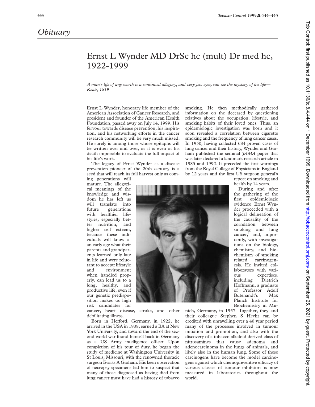 Obituary Ernst L Wynder MD Drsc Hc