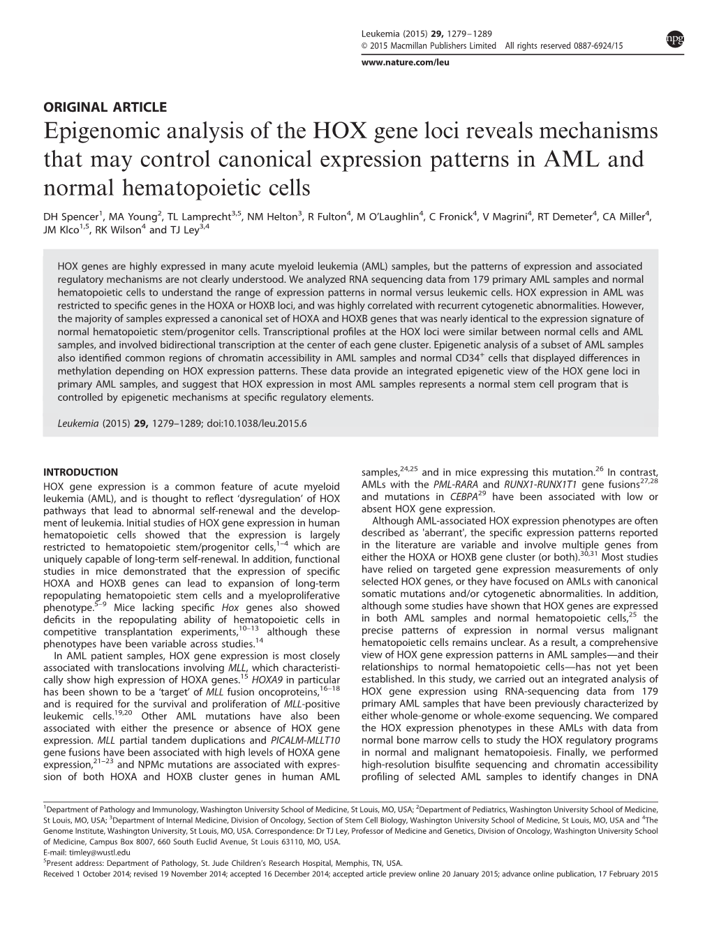 Epigenomic Analysis of the HOX Gene Loci Reveals Mechanisms That May Control Canonical Expression Patterns in AML and Normal Hematopoietic Cells