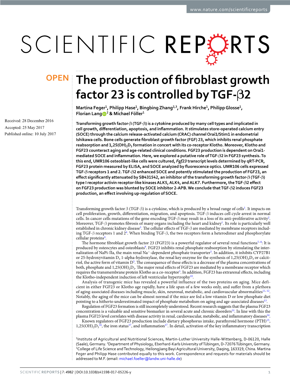 The Production of Fibroblast Growth Factor 23 Is Controlled by TGF-Β2