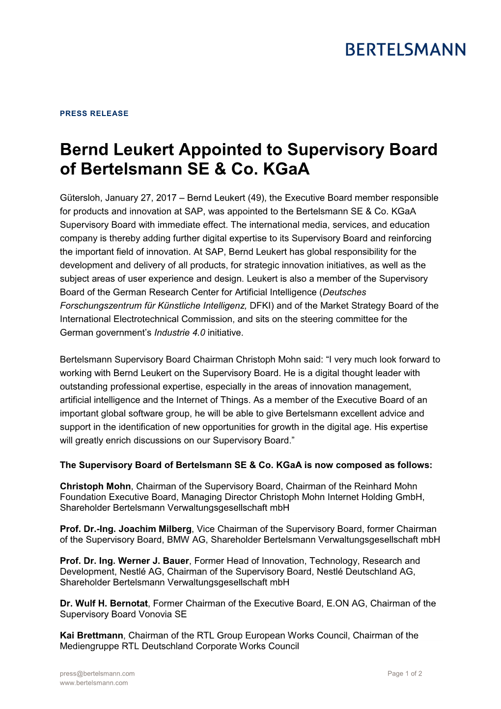 Bernd Leukert Appointed to Supervisory Board of Bertelsmann SE & Co