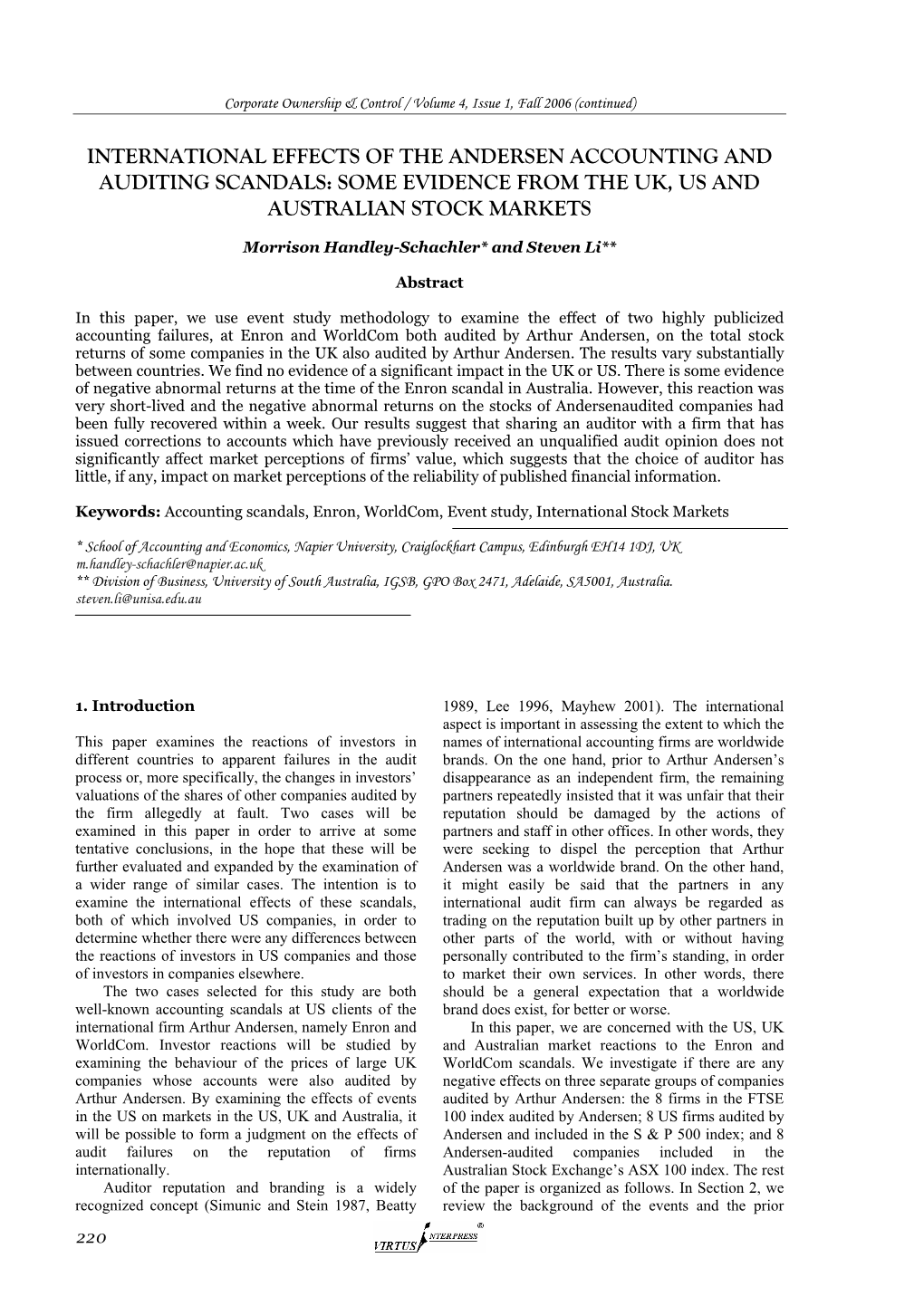 International Effects of the Andersen Accounting and Auditing Scandals: Some Evidence from the Uk, Us and Australian Stock Markets