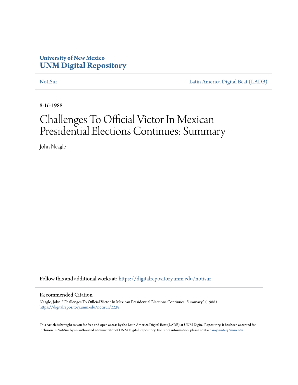 Challenges to Official Victor in Mexican Presidential Elections Continues: Summary John Neagle