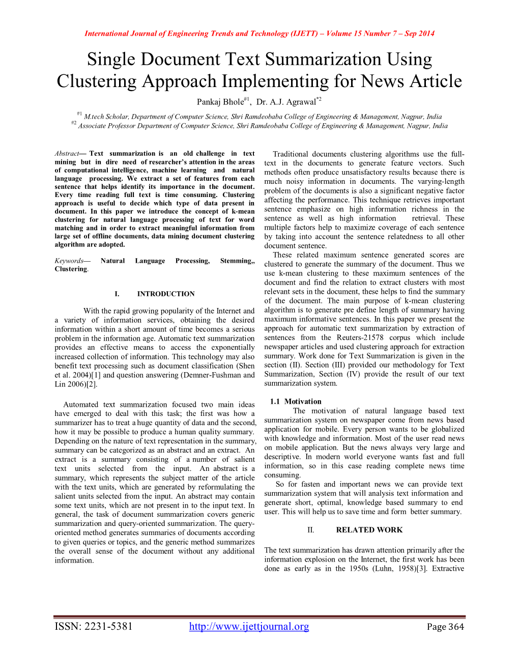 Single Document Text Summarization Using Clustering Approach Implementing for News Article Pankaj Bhole#1, Dr