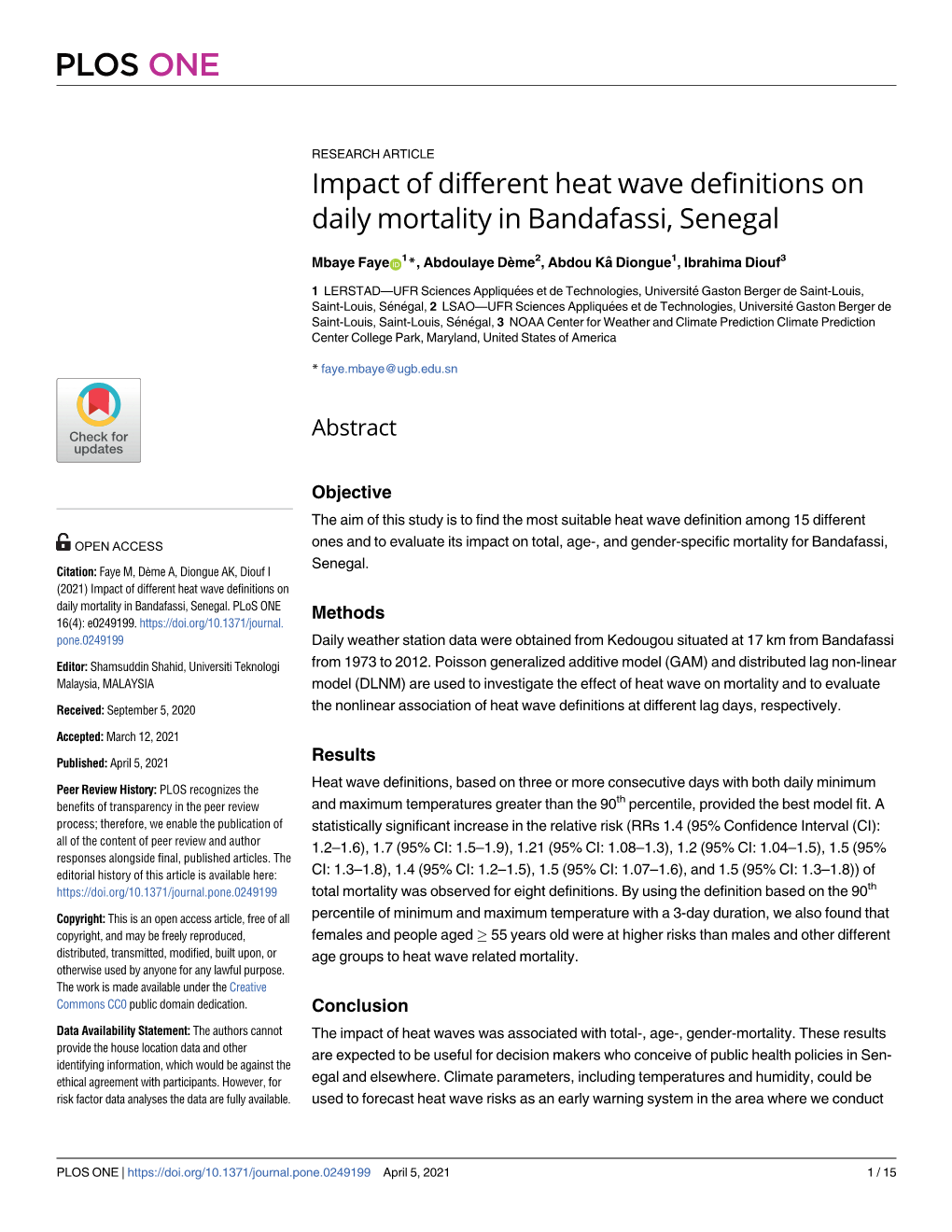 Impact of Different Heat Wave Definitions on Daily Mortality in Bandafassi, Senegal