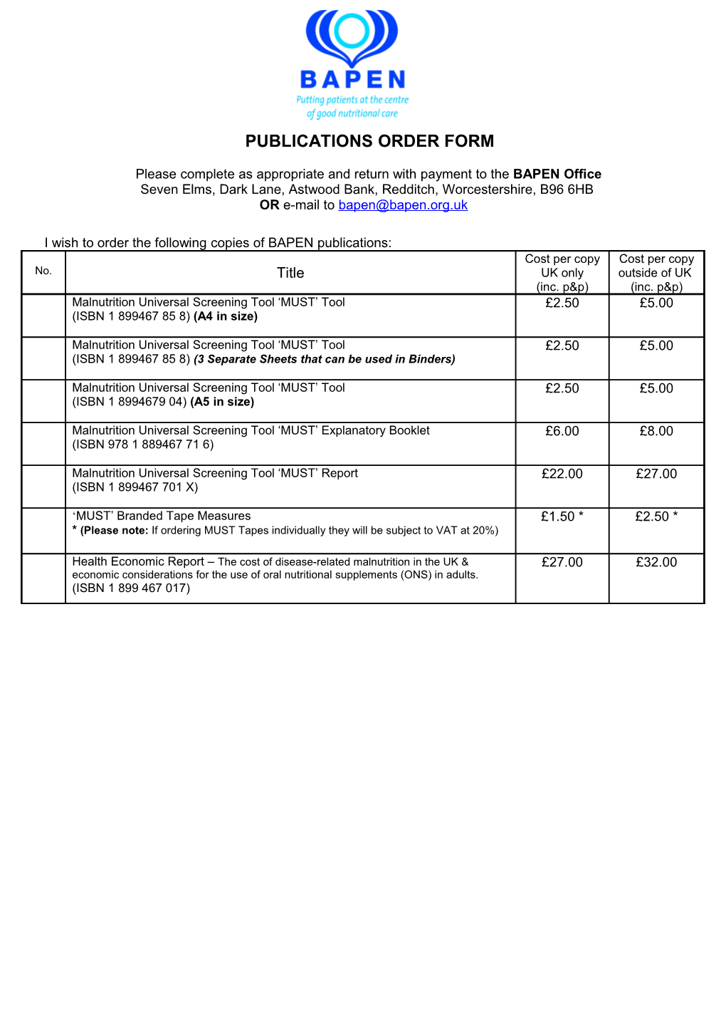 Publications Order Form