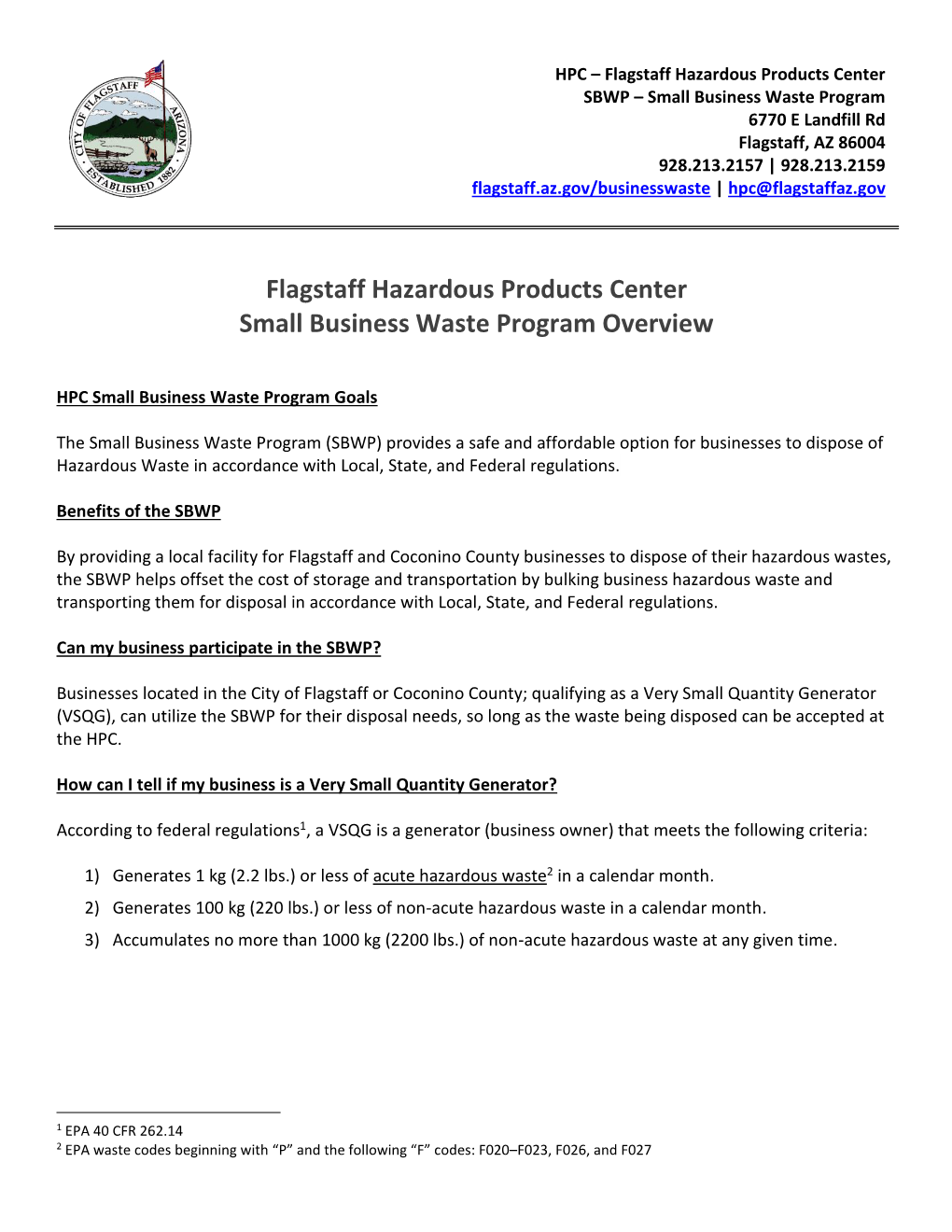 Flagstaff Hazardous Products Center Small Business Waste Program Overview