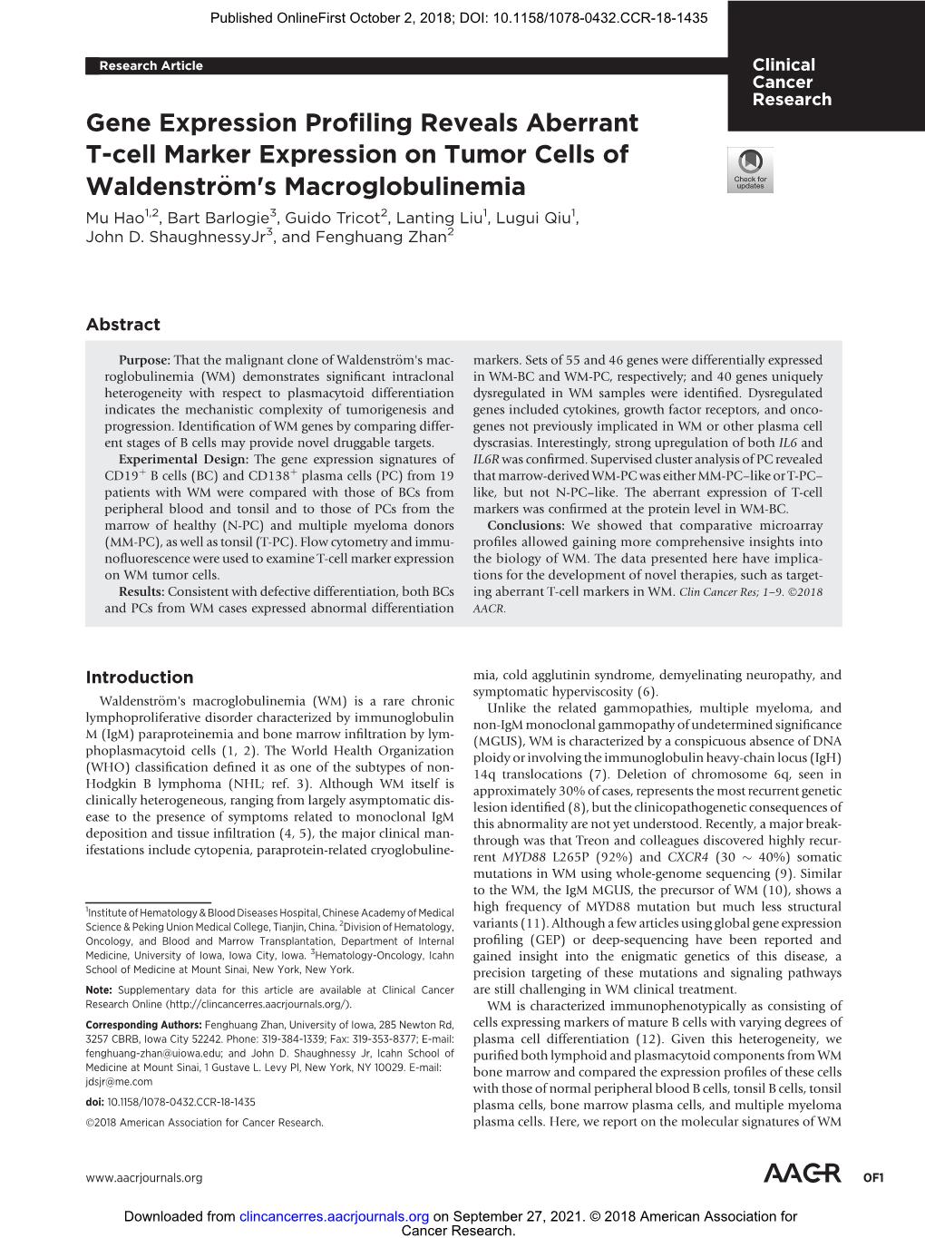 Gene Expression Profiling Reveals Aberrant T-Cell Marker Expression on Tumor Cells of Waldenström's Macroglobulinemia