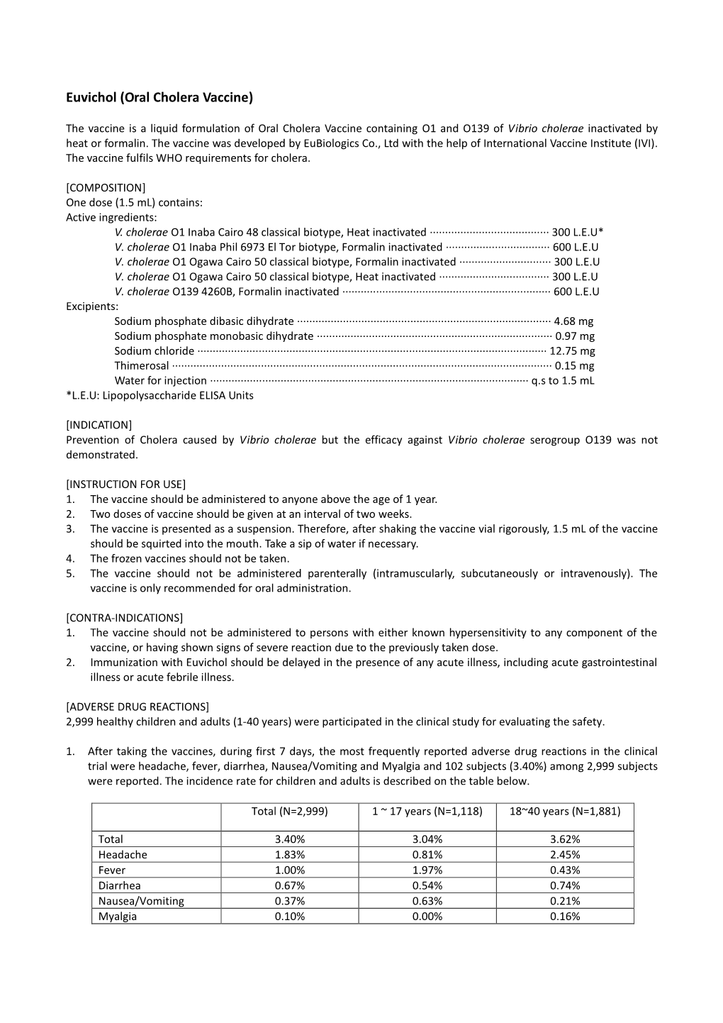 Euvichol (Oral Cholera Vaccine)