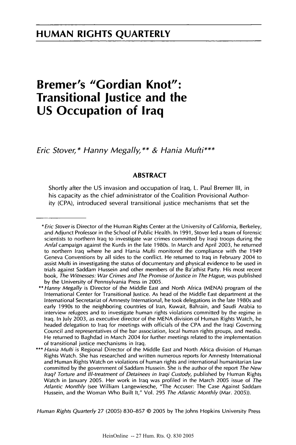 Bremer's "Gordian Knot": Transitional Justice and the US Occupation of Iraq