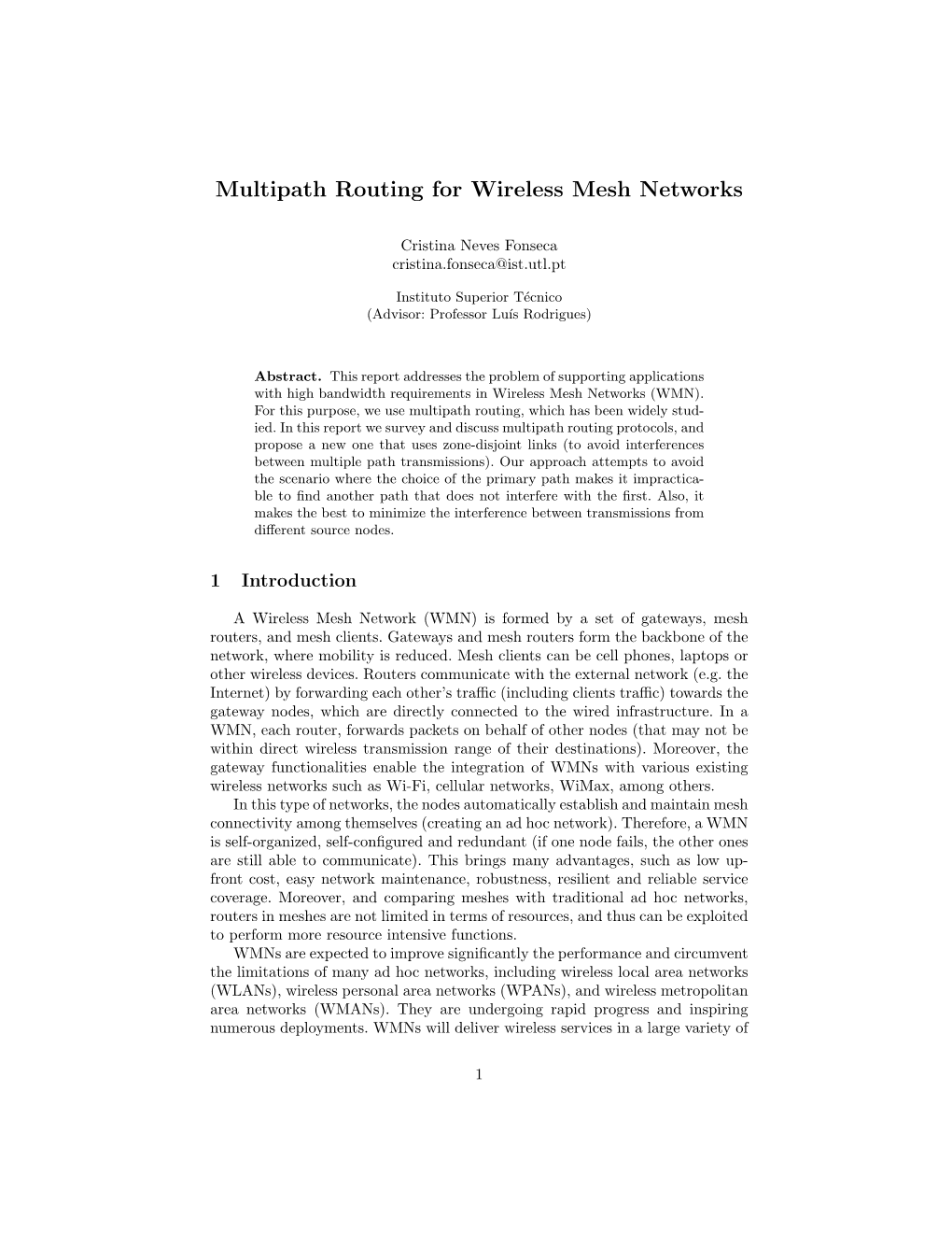 Multipath Routing for Wireless Mesh Networks