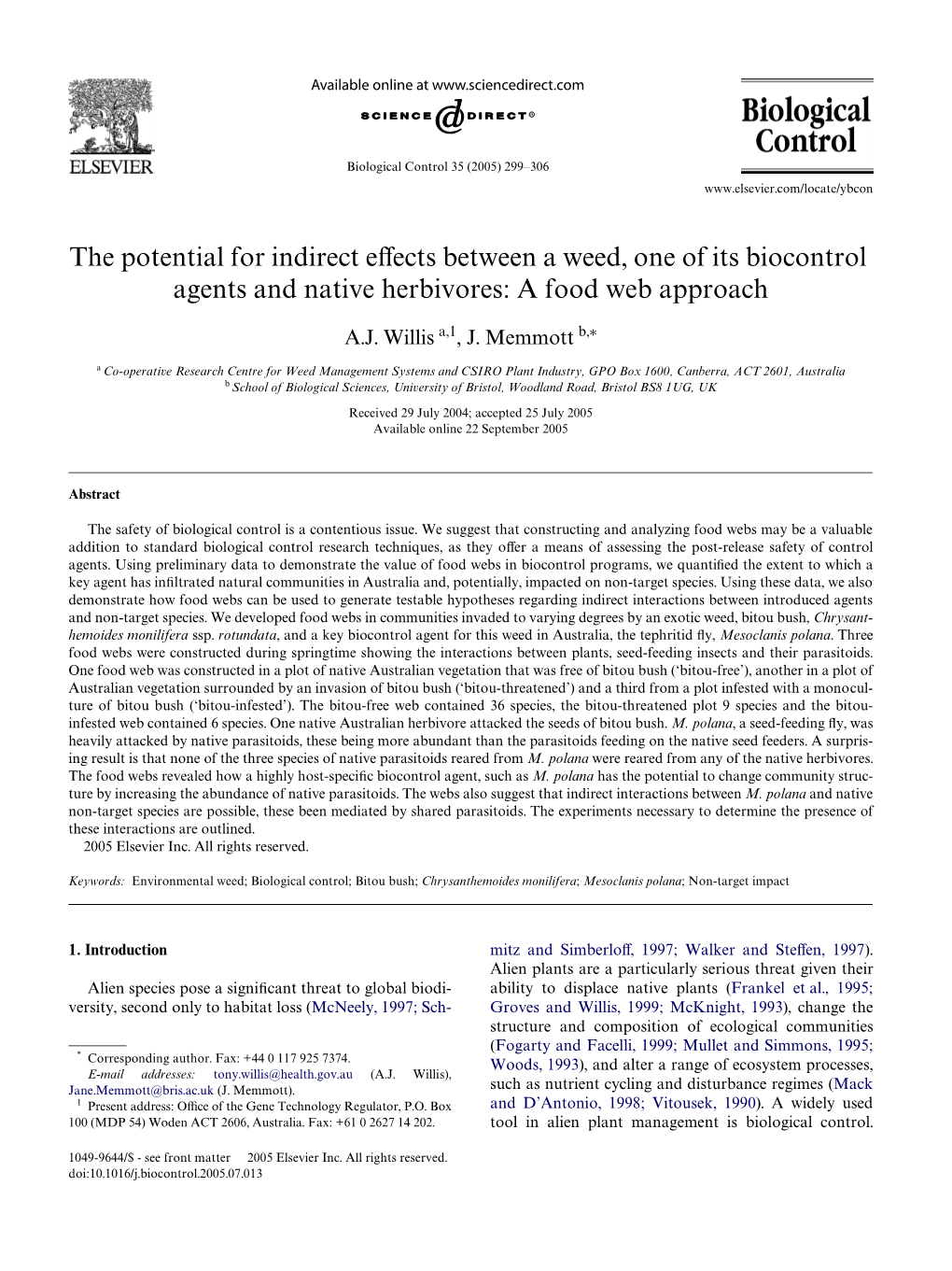 The Potential for Indirect Effects Between a Weed, One of Its