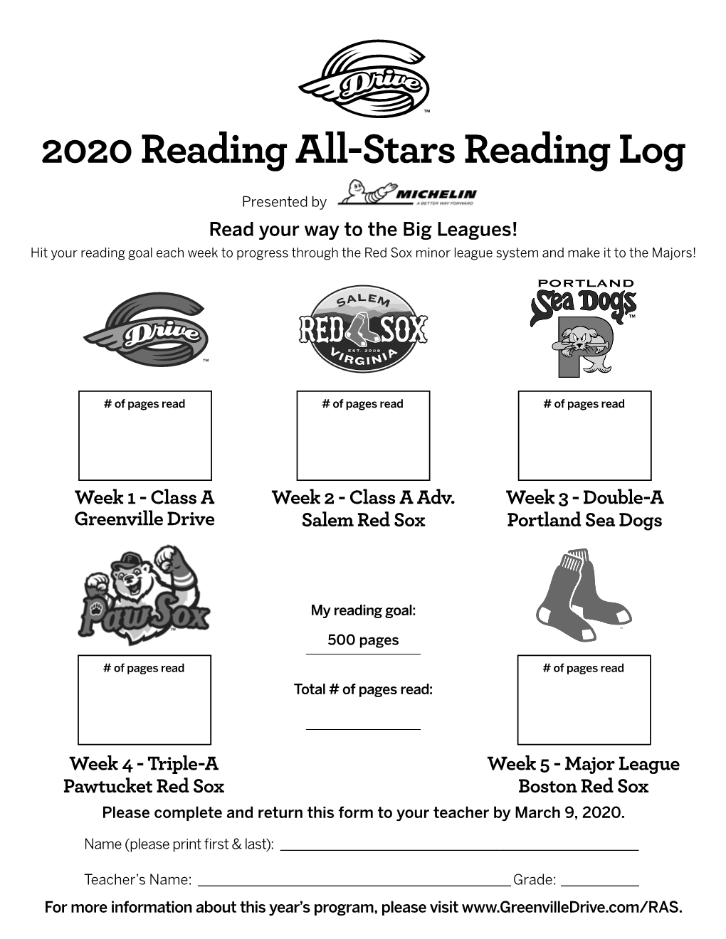 2020 Reading All-Stars Reading Log