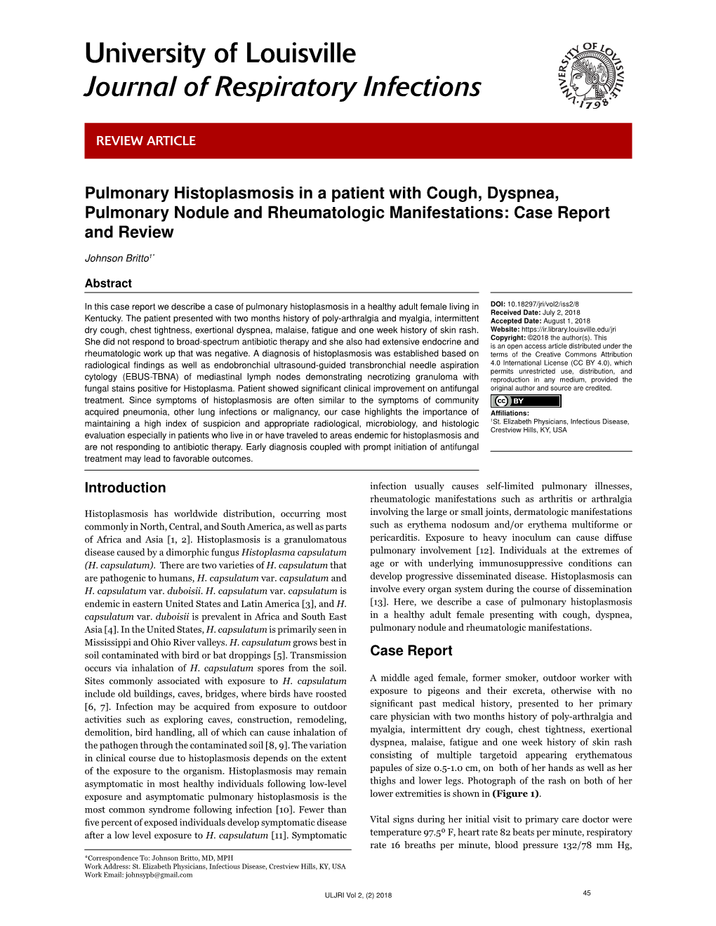 Pulmonary Histoplasmosis in a Patient with Cough, Dyspnea, Pulmonary Nodule and Rheumatologic Manifestations: Case Report and Review