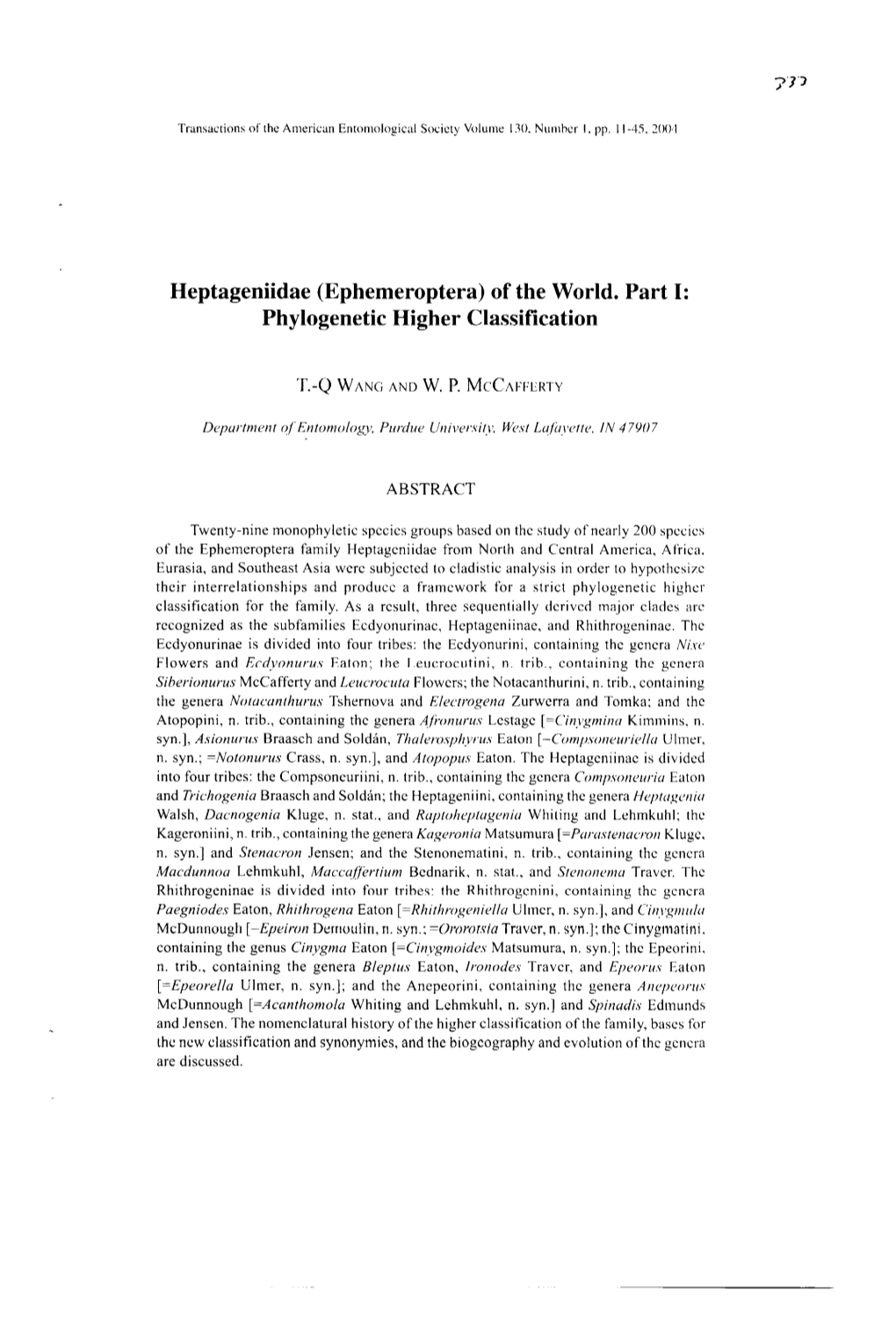 Heptageniidae (Ephemeroptera) of the World. Part 1: Phylogenetic Higher Classification