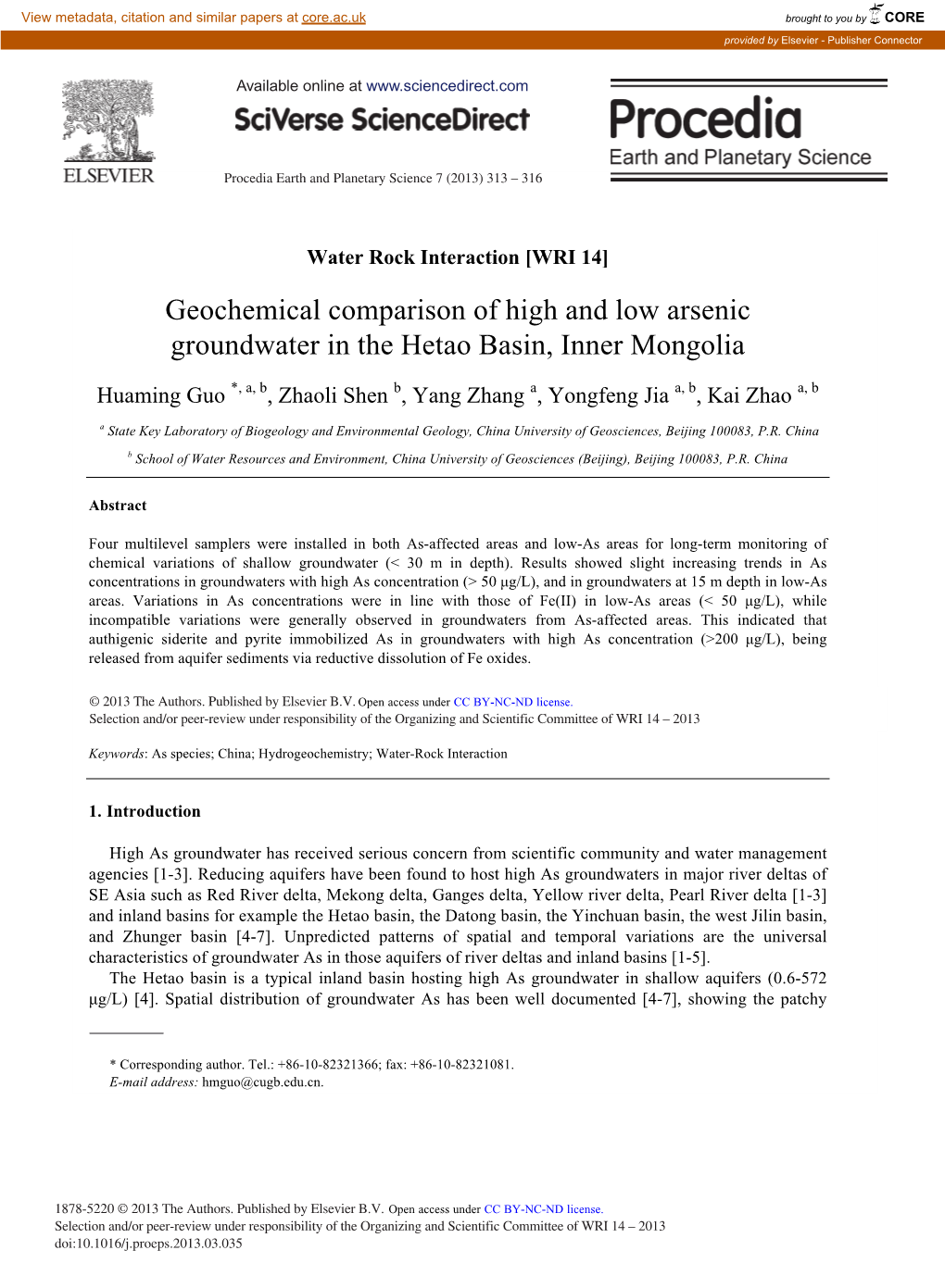 Geochemical Comparison of High and Low Arsenic Groundwater in the Hetao Basin, Inner Mongolia