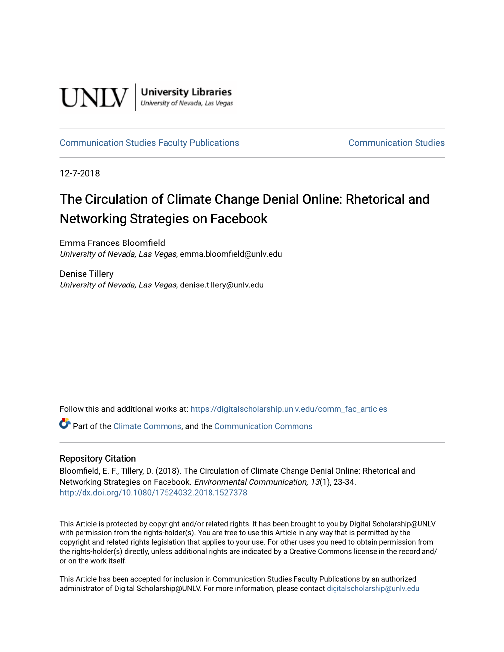 The Circulation of Climate Change Denial Online: Rhetorical and Networking Strategies on Facebook