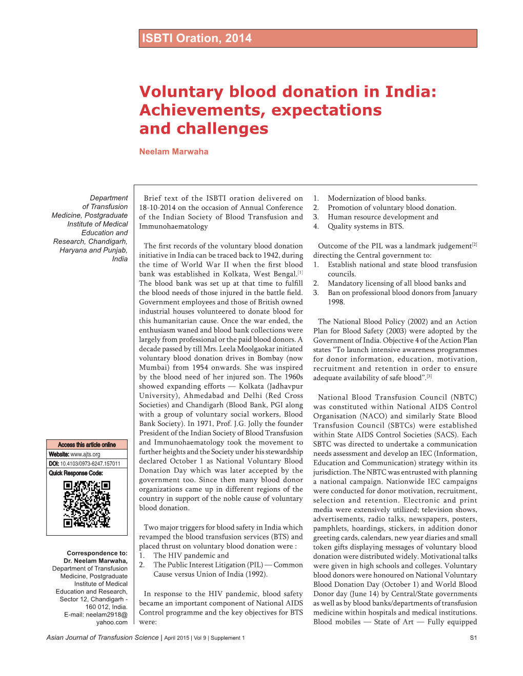 Voluntary Blood Donation in India: Achievements, Expectations and Challenges