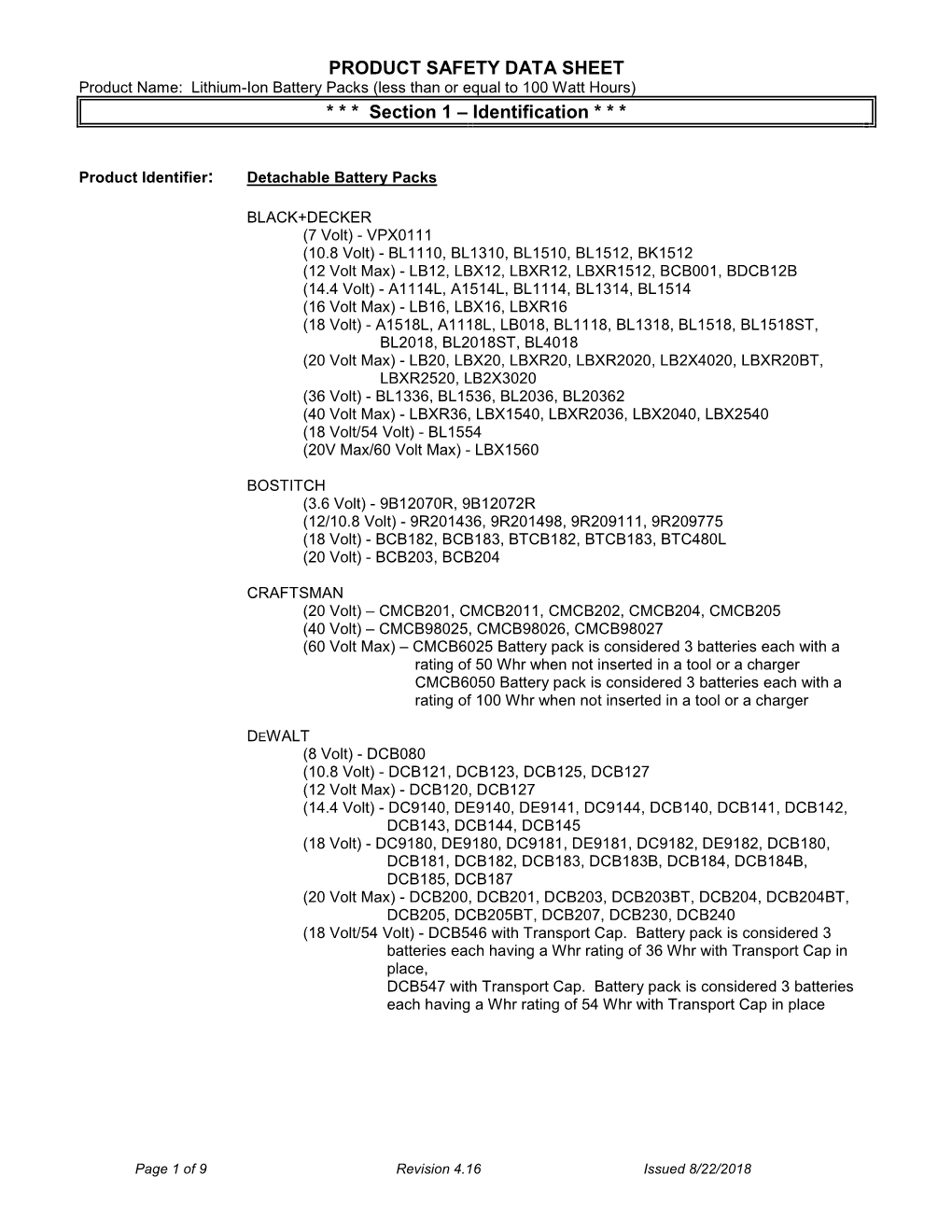 Lithium-Ion Battery Packs (Less Than Or Equal to 100 Watt Hours) * * * Section 1 – Identification * * *