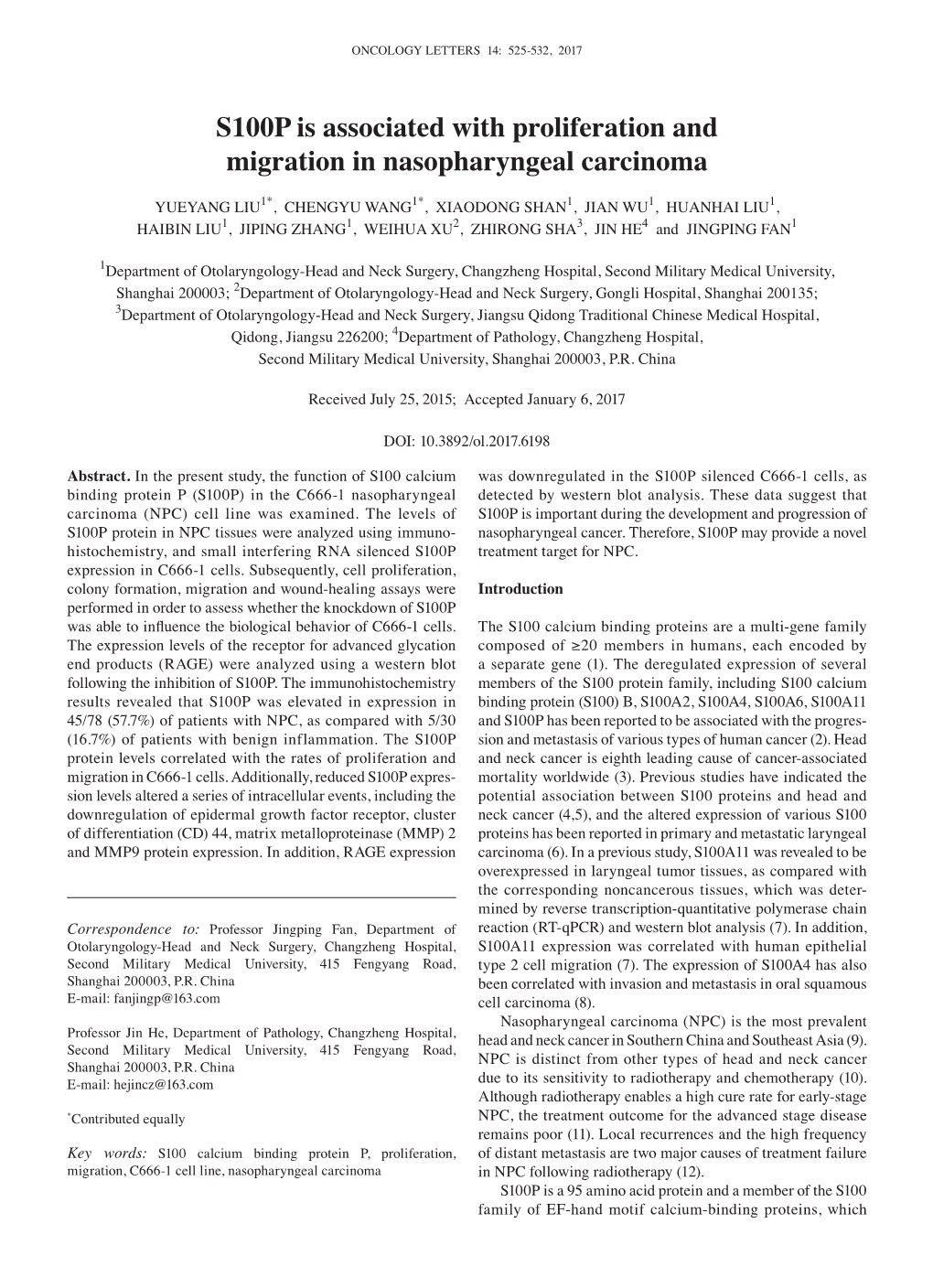 S100P Is Associated with Proliferation and Migration in Nasopharyngeal Carcinoma