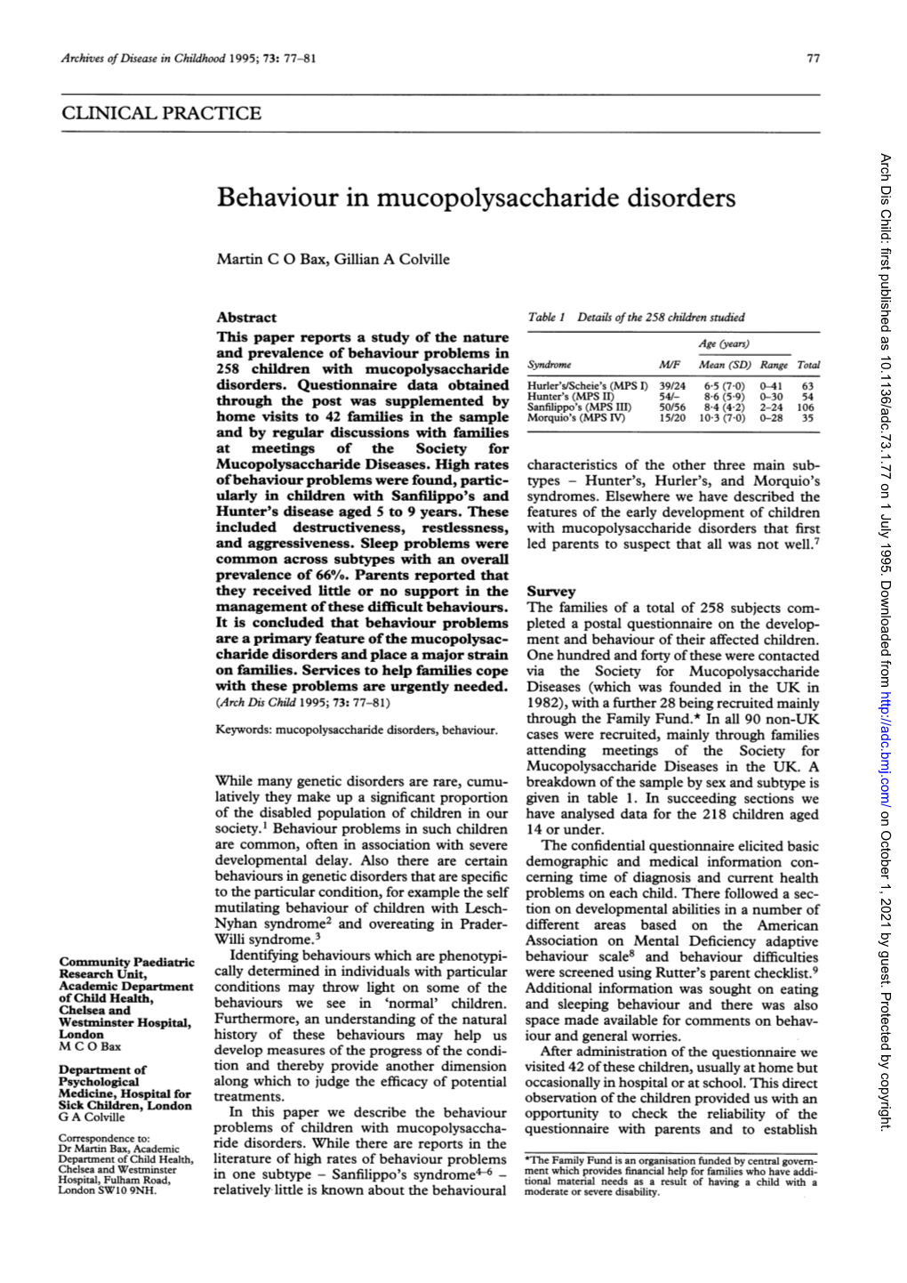 Behaviour in Mucopolysaccharide Disorders