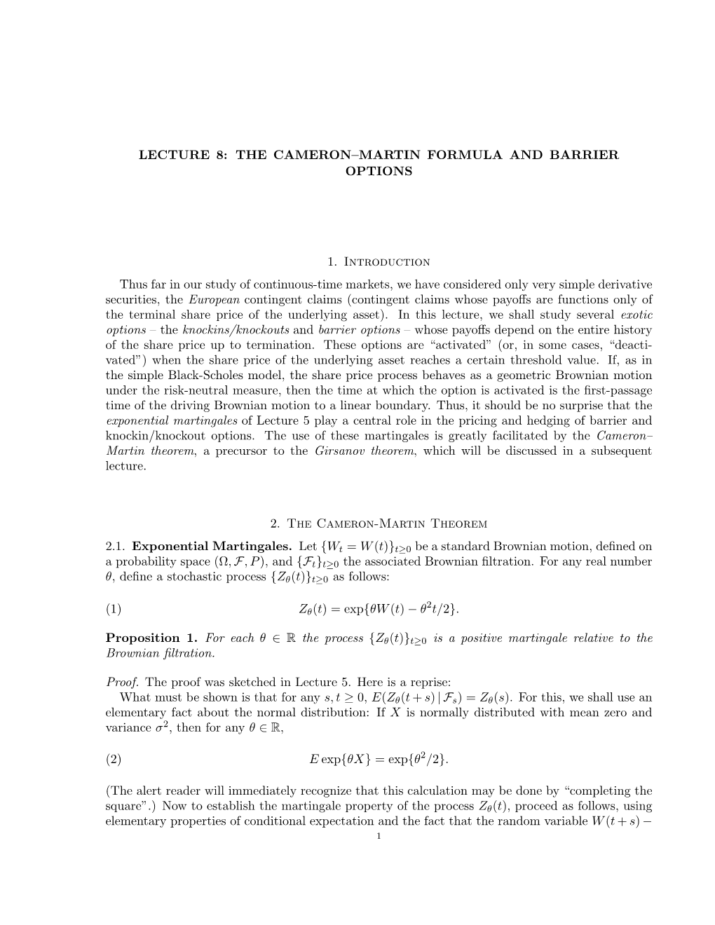 Lecture 8: the Cameron–Martin Formula and Barrier Options