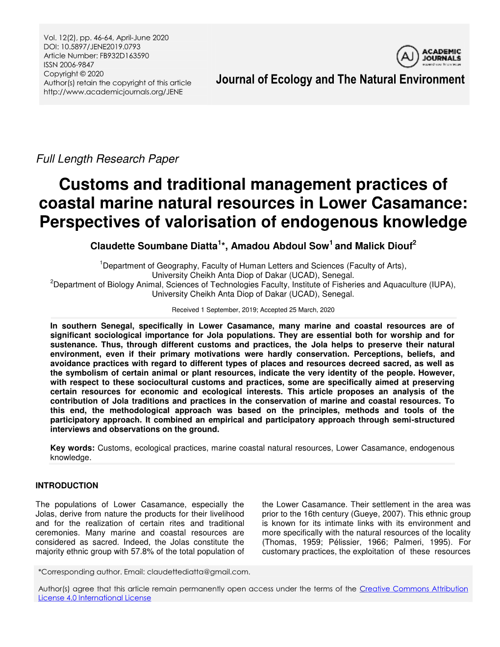 Customs and Traditional Management Practices of Coastal Marine Natural Resources in Lower Casamance: Perspectives of Valorisation of Endogenous Knowledge