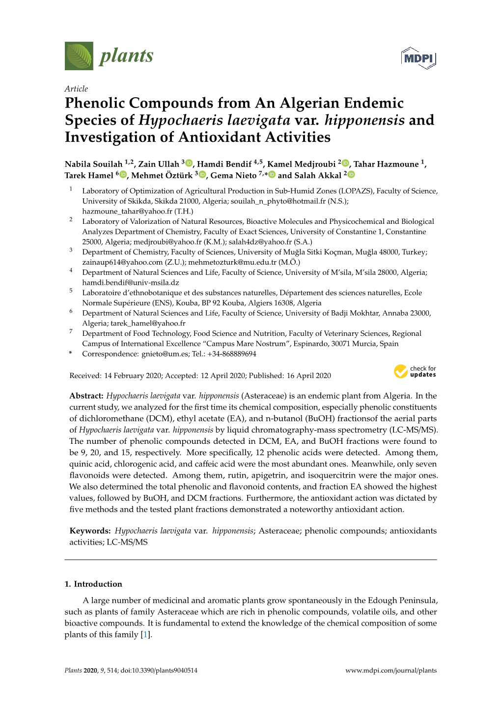 Phenolic Compounds from an Algerian Endemic Species of Hypochaeris Laevigata Var