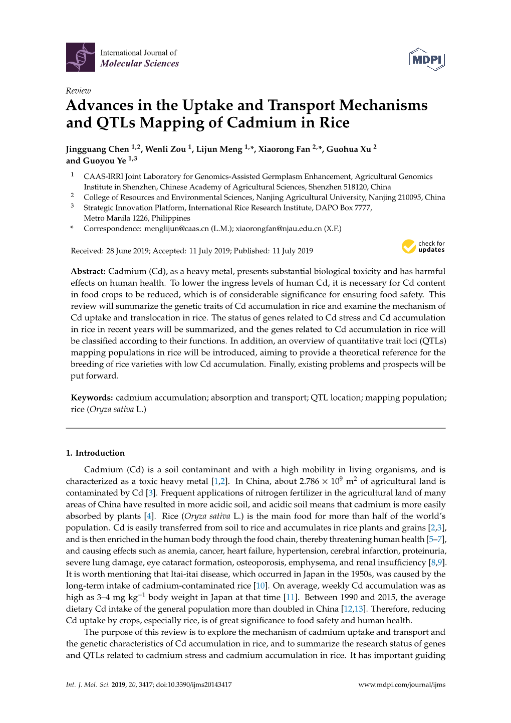 Advances in the Uptake and Transport Mechanisms and Qtls Mapping of Cadmium in Rice