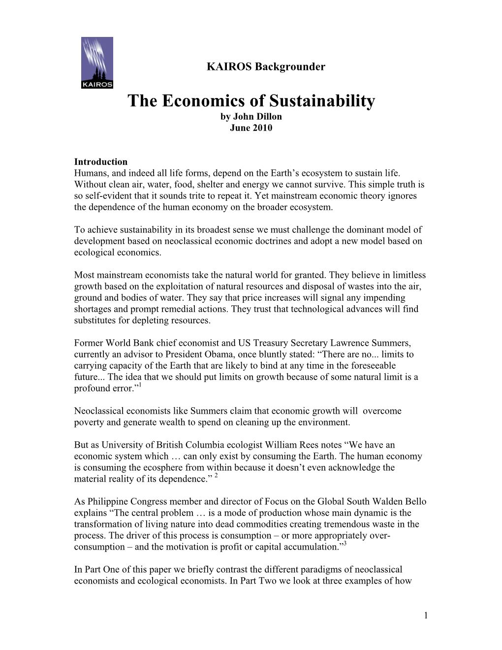 The Economics of Sustainability by John Dillon June 2010