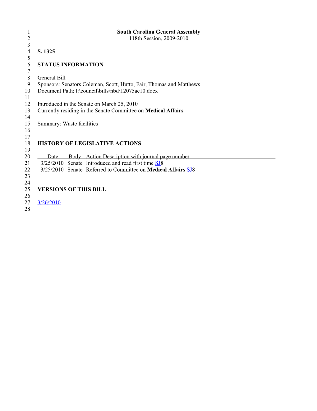 2009-2010 Bill 1325: Waste Facilities - South Carolina Legislature Online