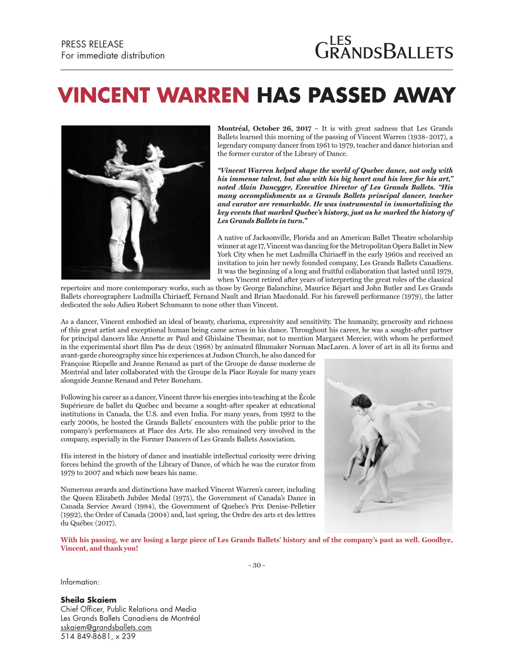 Vincent Warren Has Passed Away
